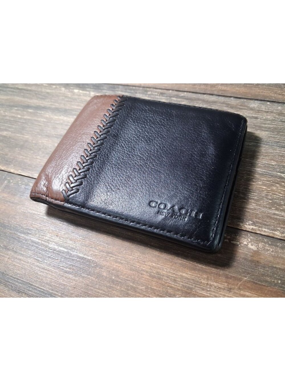 COACH Men's ID Wallet Baseball Stitch Black Brown Leather Bifold